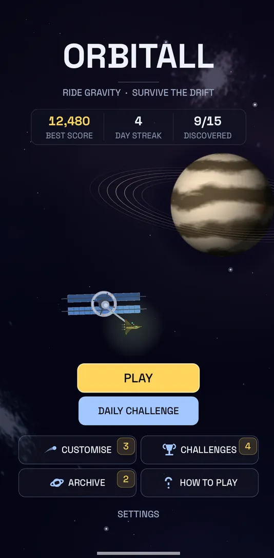 OrbitALL main menu with best score, day streak and planets discovered